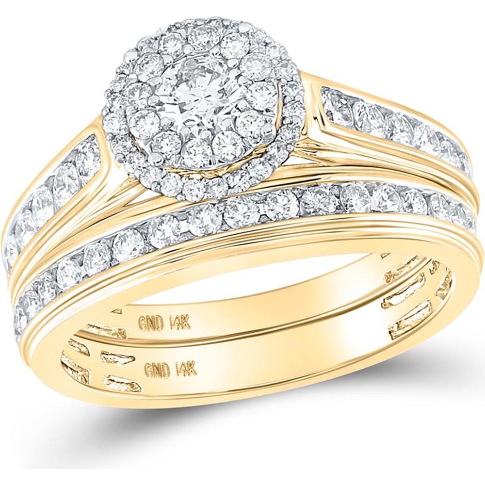 GND 14K Yellow Gold Round Diamond Halo Matching Wedding Ring Set - 1-5/8 Total Carat Weight (Certified)