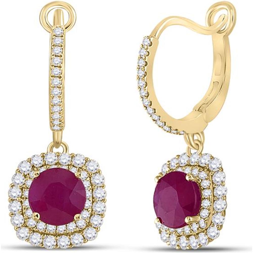 GND 14K Yellow Gold Round Ruby and Diamond Halo Hoop Dangle Earrings - 2.75 Carat Total Carat Weight