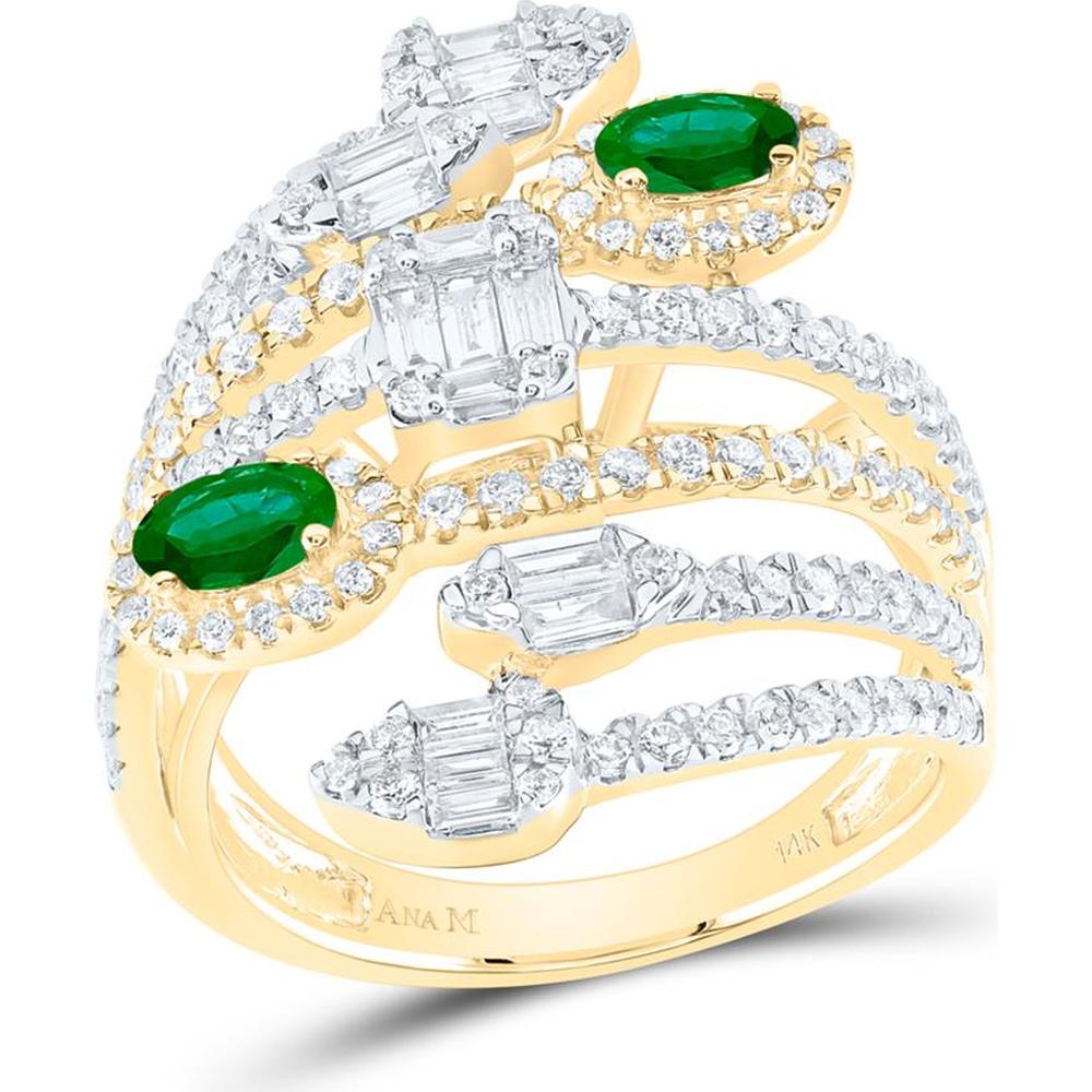 GND 14K Yellow Gold Spiral Ring with Oval Emerald and Round and Baguette Diamonds – 1.75 Carat Total Gemstone Weight