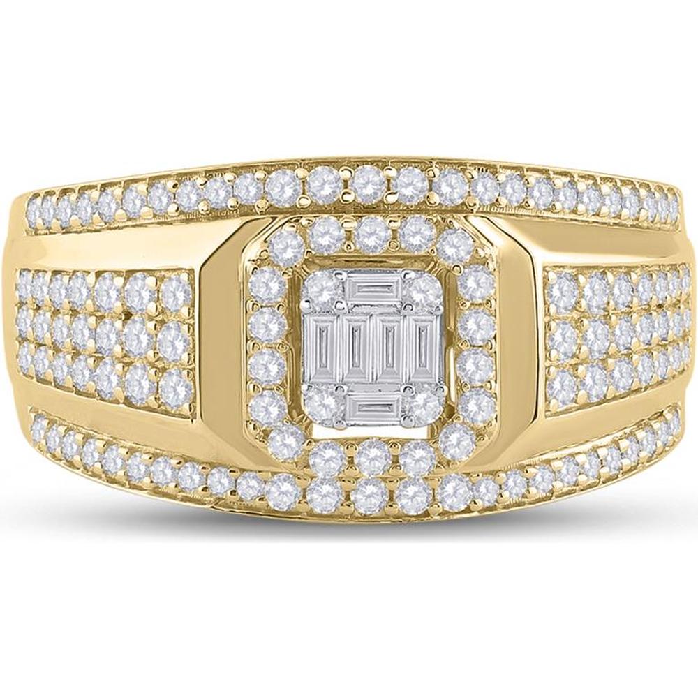 GND 14K Yellow Gold Square Cluster Ring with Illusion-Set Baguette and Prong-Set Round Diamonds – 1.00 Carat Total Diamond Weight
