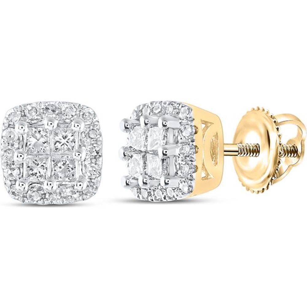 GND 14K Yellow Gold Square Princess and Round Diamond Earrings - 1/4 Total Carat Weight