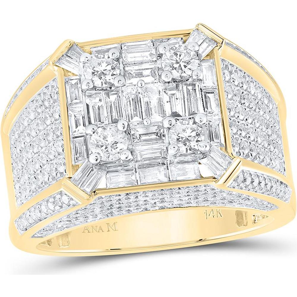 GND 14K Yellow Gold Square Ring with Channel-Set Baguette and Prong-Set Round Diamonds – 2.88 Carat Total Diamond Weight