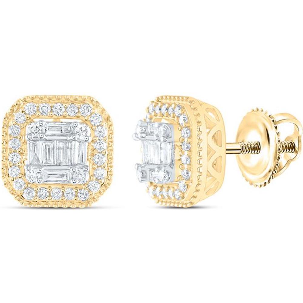 GND 14K Yellow Gold Stud Earrings with Channel-Set Baguette and Prong-Set Round Diamonds - 0.38 Carat Total Diamond Weight