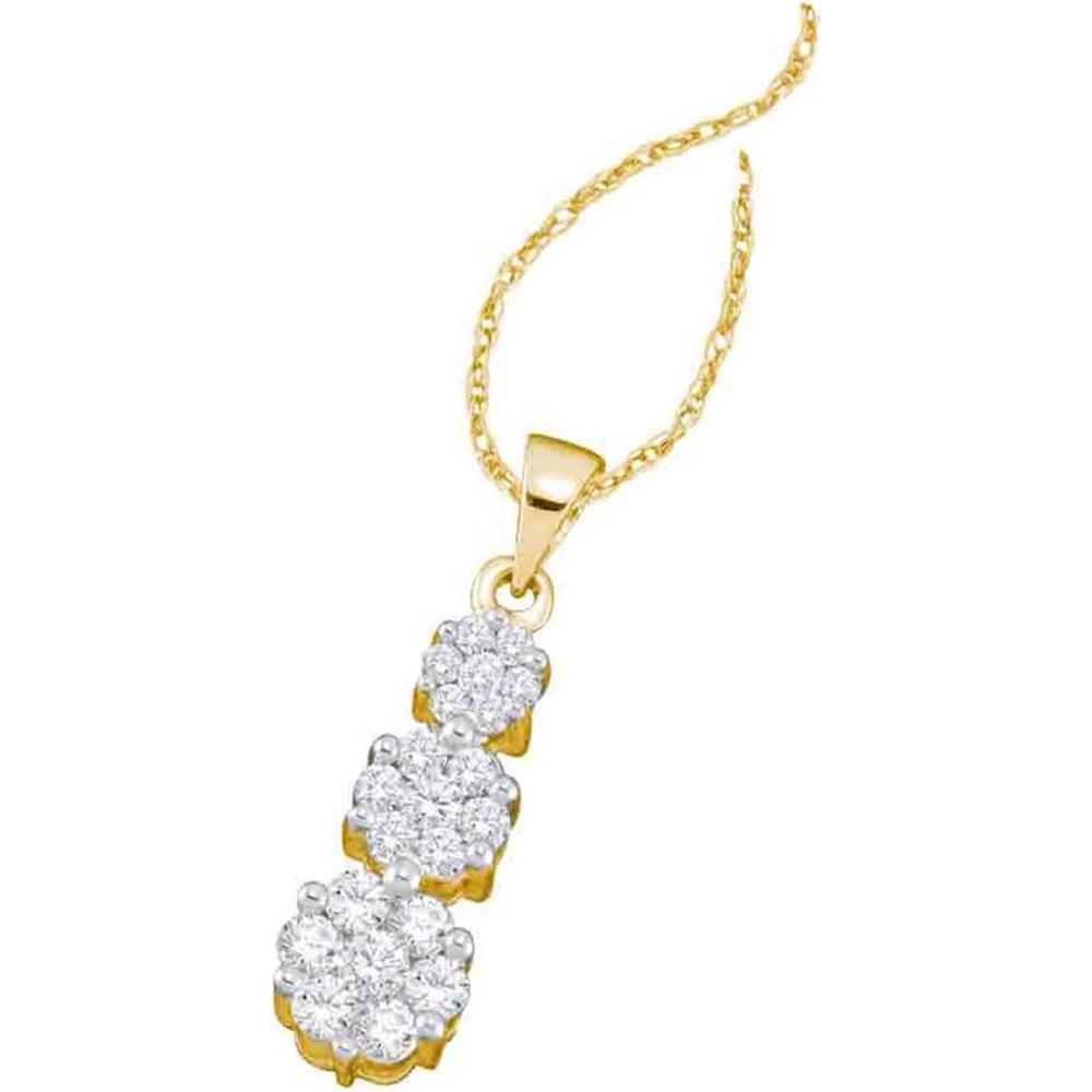 GND 14K Yellow Gold Triple Flower Cluster Pendant with Prong-Set Round Diamonds - 1.00 Carat Total Diamond Weight