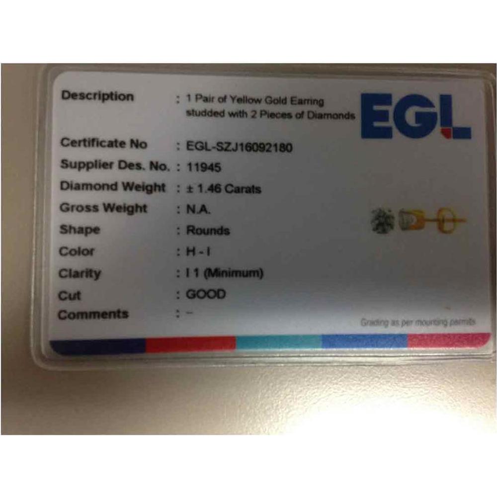 GND 14K Yellow Gold Unisex Round Diamond Solitaire Stud Earrings - 1-3/8 Carat Total Diamond Weight