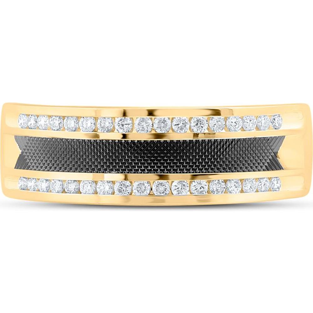 GND 14K Yellow Gold Wedding Band Ring with Channel-Set Round Diamonds and Black Textured Inlay - 1/4 Total Carat Weight