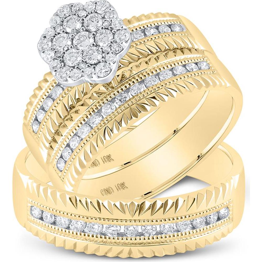 GND 14K Yellow Gold Wedding Set with Round Cluster and Channel-Set Diamonds - 3/4 Carat Total Diamond Weight