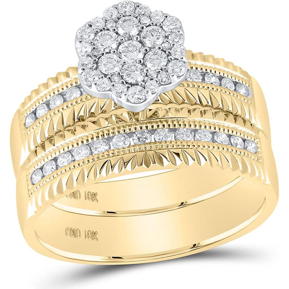 GND 14K Yellow Gold Wedding Set with Round Cluster and Channel-Set Diamonds - 3/4 Carat Total Diamond Weight