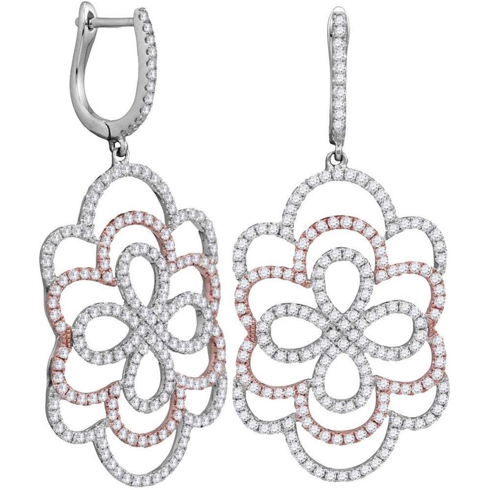 GND 18K Two-Tone Gold Floral Ripple Dangle Earrings with Prong-Set Round Diamonds - 1.75 Carat Total Diamond Weight