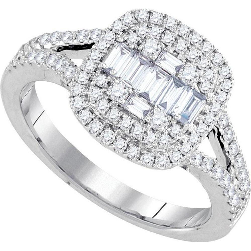 GND 18K White Gold Baguette and Round Diamond Cluster Halo Engagement Ring – 0.81 Carat Total Diamond Weight