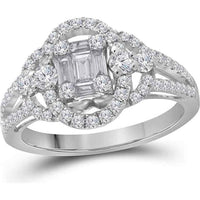 GND 18K White Gold Baguette and Round Diamond Halo Engagement Ring – 0.75 Carat Total Diamond Weight