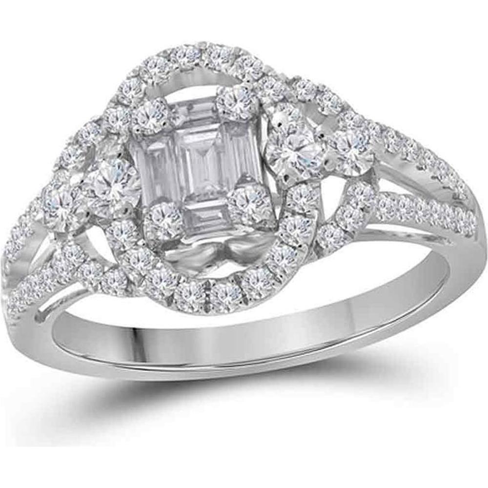 GND 18K White Gold Baguette and Round Diamond Halo Engagement Ring – 0.75 Carat Total Diamond Weight