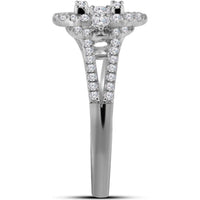 GND 18K White Gold Baguette and Round Diamond Halo Engagement Ring – 0.75 Carat Total Diamond Weight