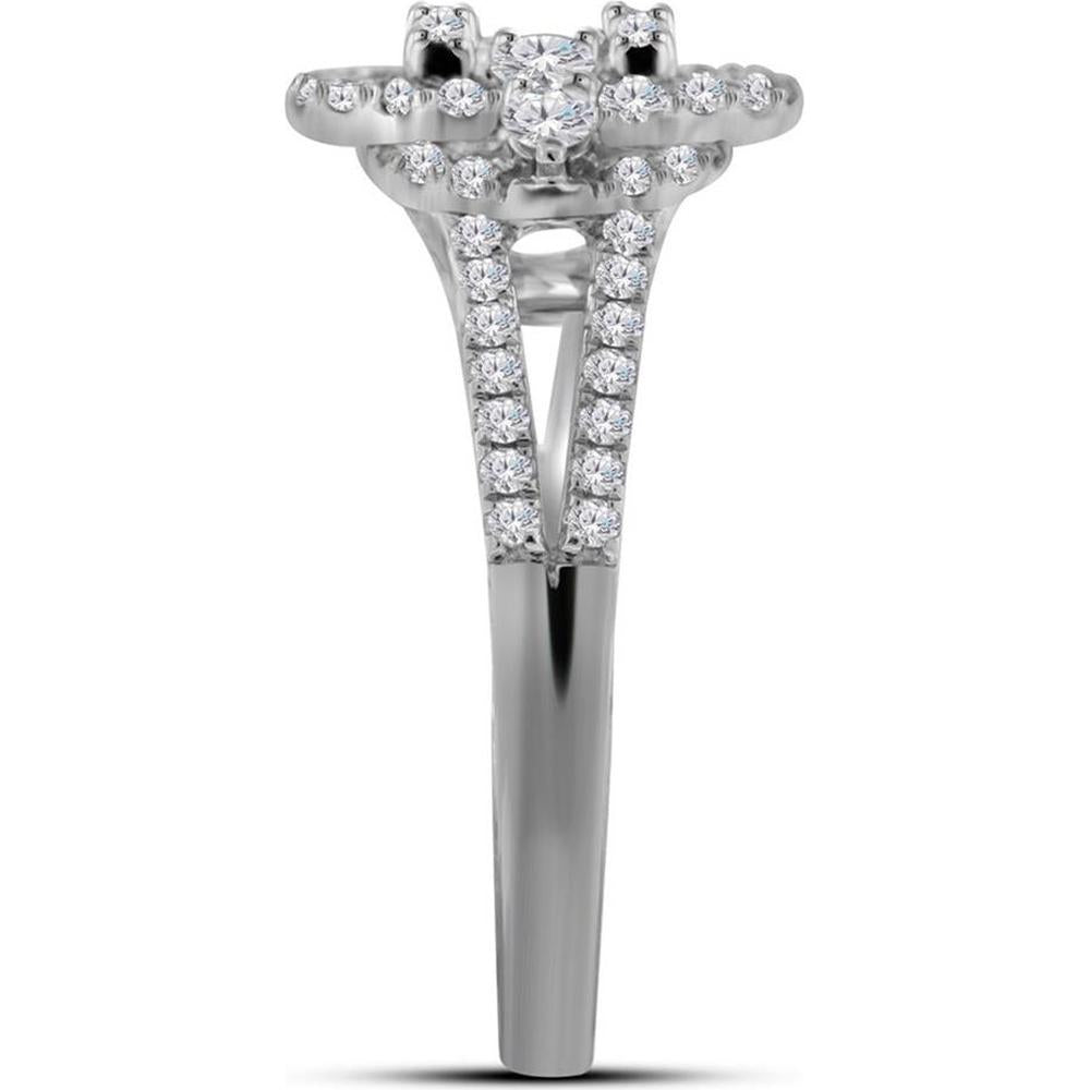 GND 18K White Gold Baguette and Round Diamond Halo Engagement Ring – 0.75 Carat Total Diamond Weight