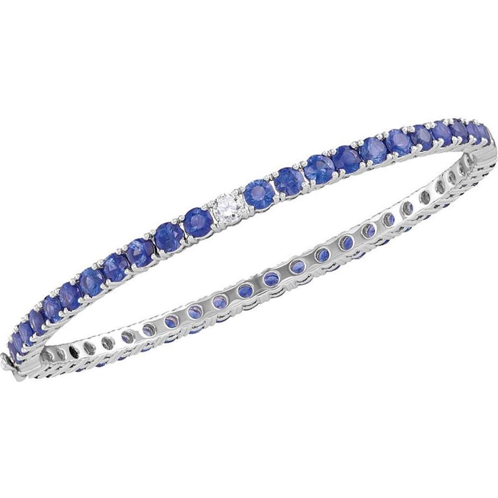 GND 18K White Gold Bangle Bracelet with Prong Set Round Blue Sapphires and Diamonds - 9.09 Carat Total Gem Weight
