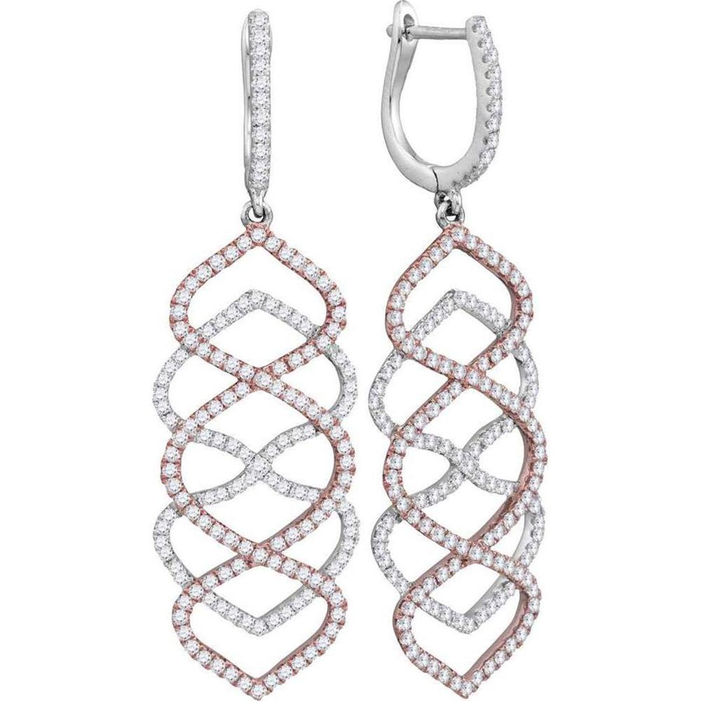GND 18K White Gold Diamond Wave Dangle Earrings with Prong Set Round Diamonds - 1.38 Carat Total Diamond Weight