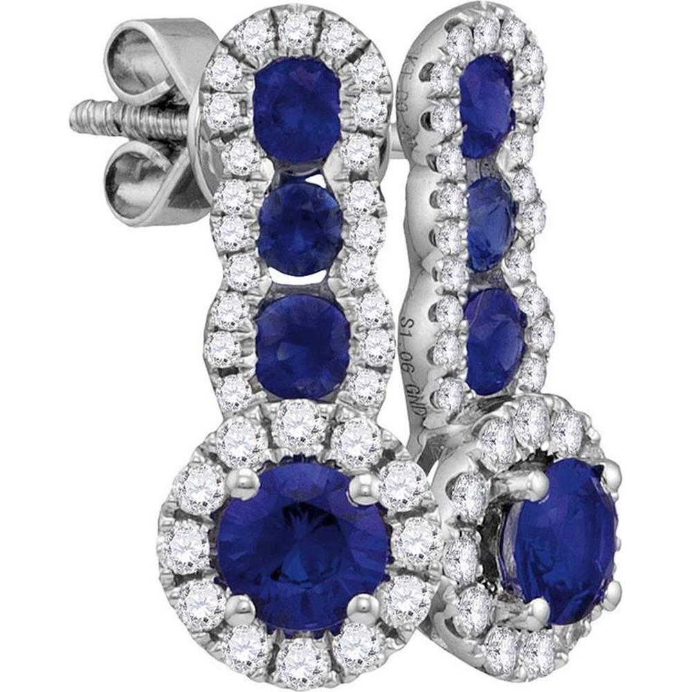 GND 18K White Gold Drop Earrings with Channel-Set Round Blue Sapphires and Prong-Set Diamonds – 1.38 Carat Total Carat Weight