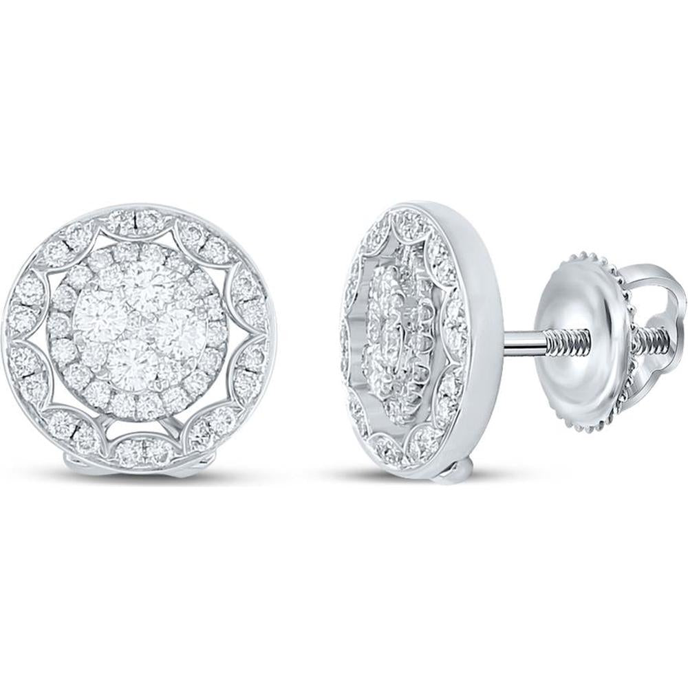 GND 18K White Gold Halo Diamond Stud Earrings with Round Cut Diamonds - 1.00 Carat Total Diamond Weight