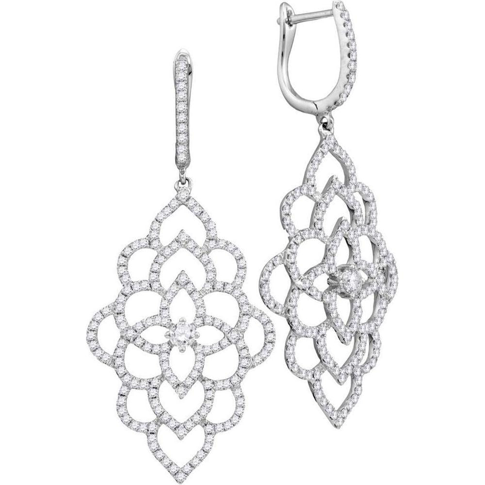 GND 18K White Gold Petal Motif Diamond Dangle Earrings with Prong Set Round Diamonds – 1.375 Carat Total Diamond Weight