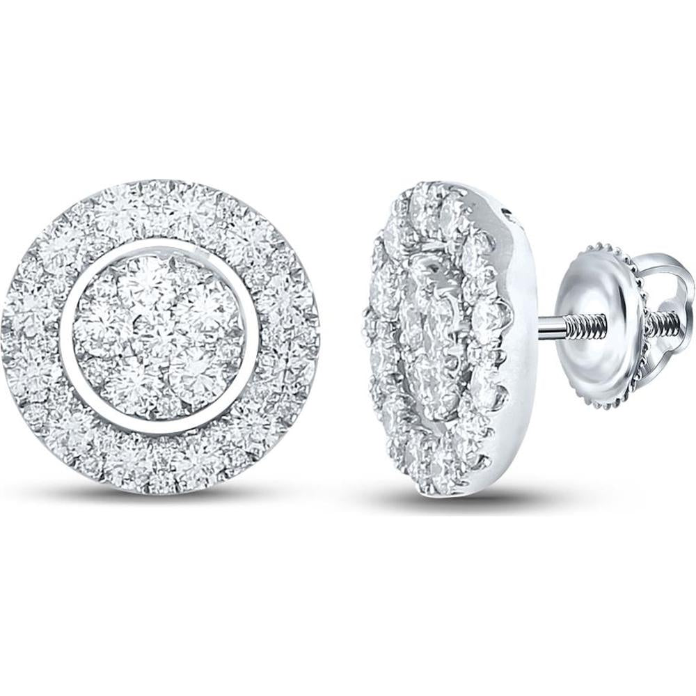 GND 18K White Gold Round Diamond Circle Cluster Earrings - 1.5 Carat Total Weight
