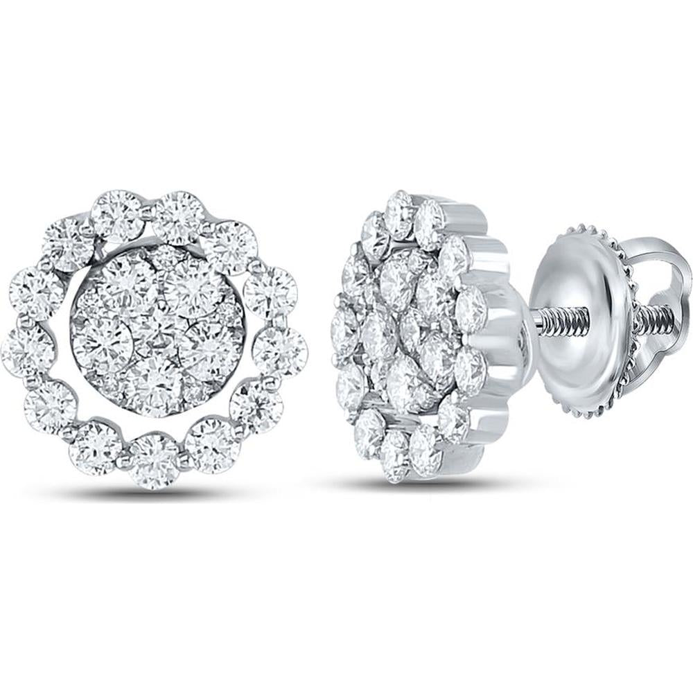 GND 18K White Gold Round Diamond Cluster Stud Earrings - 1.33 Carat Total Diamond Weight