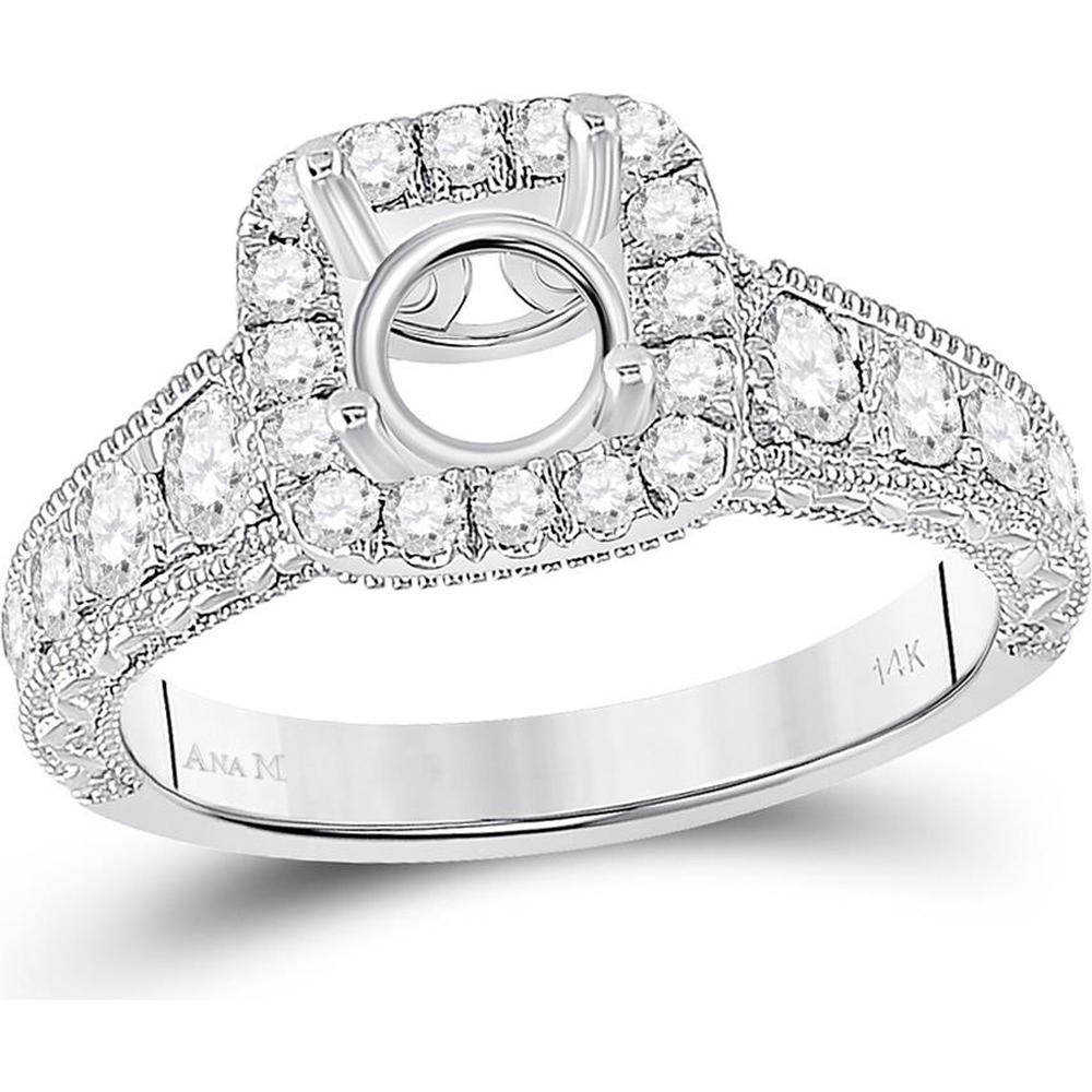 GND 18K White Gold Round Diamond Halo Semi-Mount Bridal Ring - 7/8 Carat Total Diamond Weight