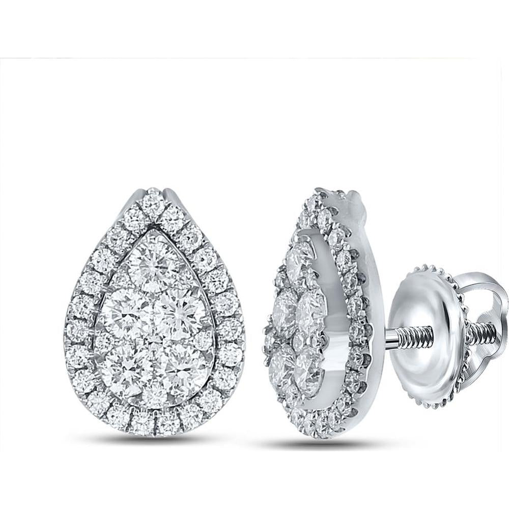 GND 18K White Gold Round Diamond Teardrop Cluster Stud Earrings with 1-1/2 Total Carat Weight