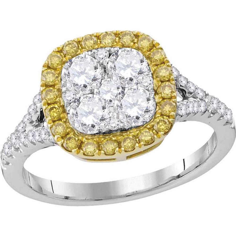 GND 18K White Gold Square Cluster Ring with Invisible-Set Yellow Diamonds and Prong-Set White Diamonds – 1 1/3 Total Carat Weight