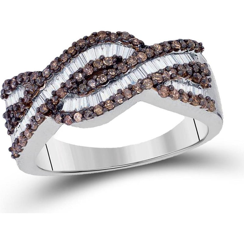 GND Sterling Silver Band Ring with Prong-Set Round Brown Diamonds and Channel-Set Baguette Diamonds - 3/4 Carat Total Diamond Weight