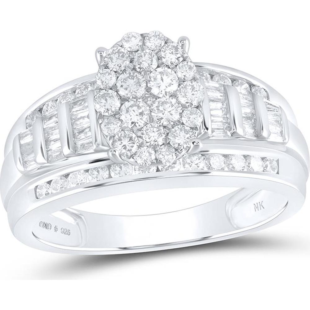 GND Sterling Silver Oval Bridal Engagement Ring with Pave-Set Round and Baguette Diamonds - 1.03 Carat Total Diamond Weight