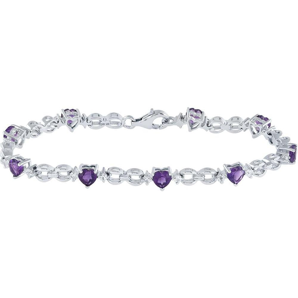 GND Sterling Silver Tennis Bracelet with Heart-Shaped Amethysts and Round White Sapphires - 5.5 Carat Total Gem Weight