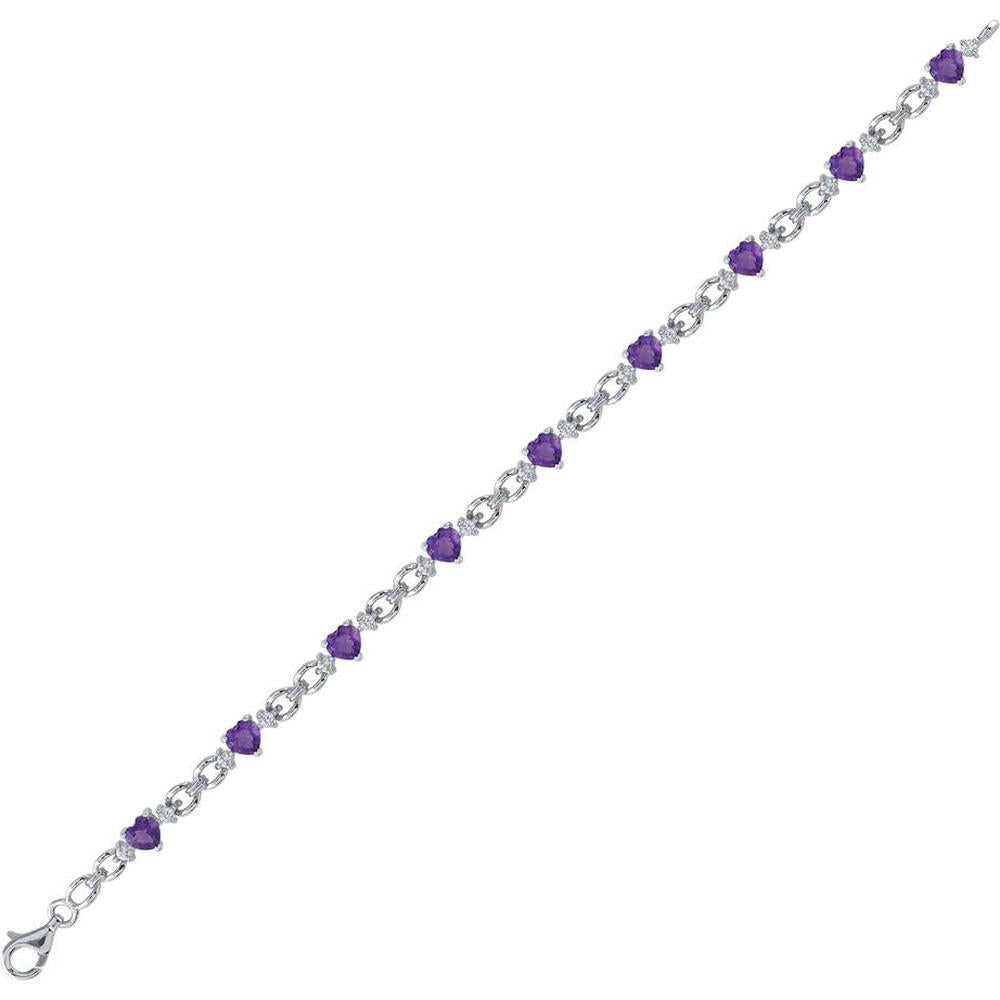GND Sterling Silver Tennis Bracelet with Heart-Shaped Amethysts and Round White Sapphires - 5.5 Carat Total Gem Weight
