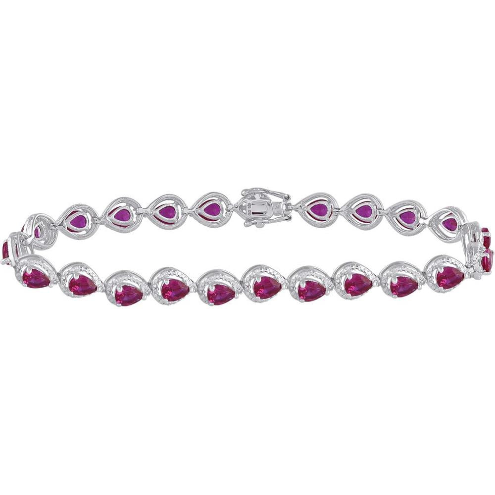 GND Sterling Silver Tennis Bracelet with Prong-Set Oval Synthetic Rubies and Pave Round Diamonds - 5.88 Carat Total Gemstone Weight