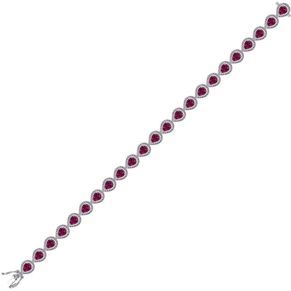 GND Sterling Silver Tennis Bracelet with Prong-Set Oval Synthetic Rubies and Pave Round Diamonds - 5.88 Carat Total Gemstone Weight