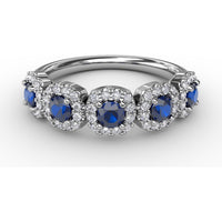 Graduated Five-Stone Ring with Round Sapphires and Diamond Halos by Fana - 1.05 Carat Total Gemstone Weight