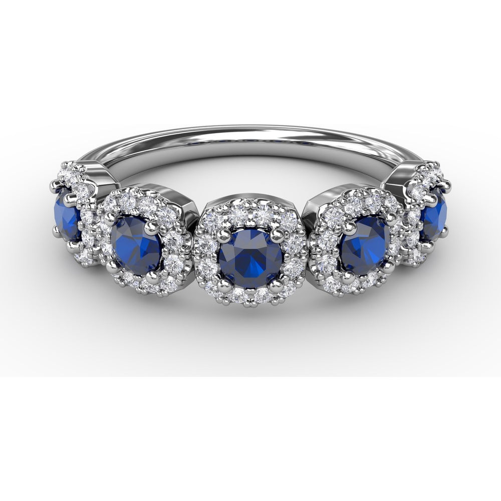 Graduated Five-Stone Ring with Round Sapphires and Diamond Halos by Fana - 1.05 Carat Total Gemstone Weight