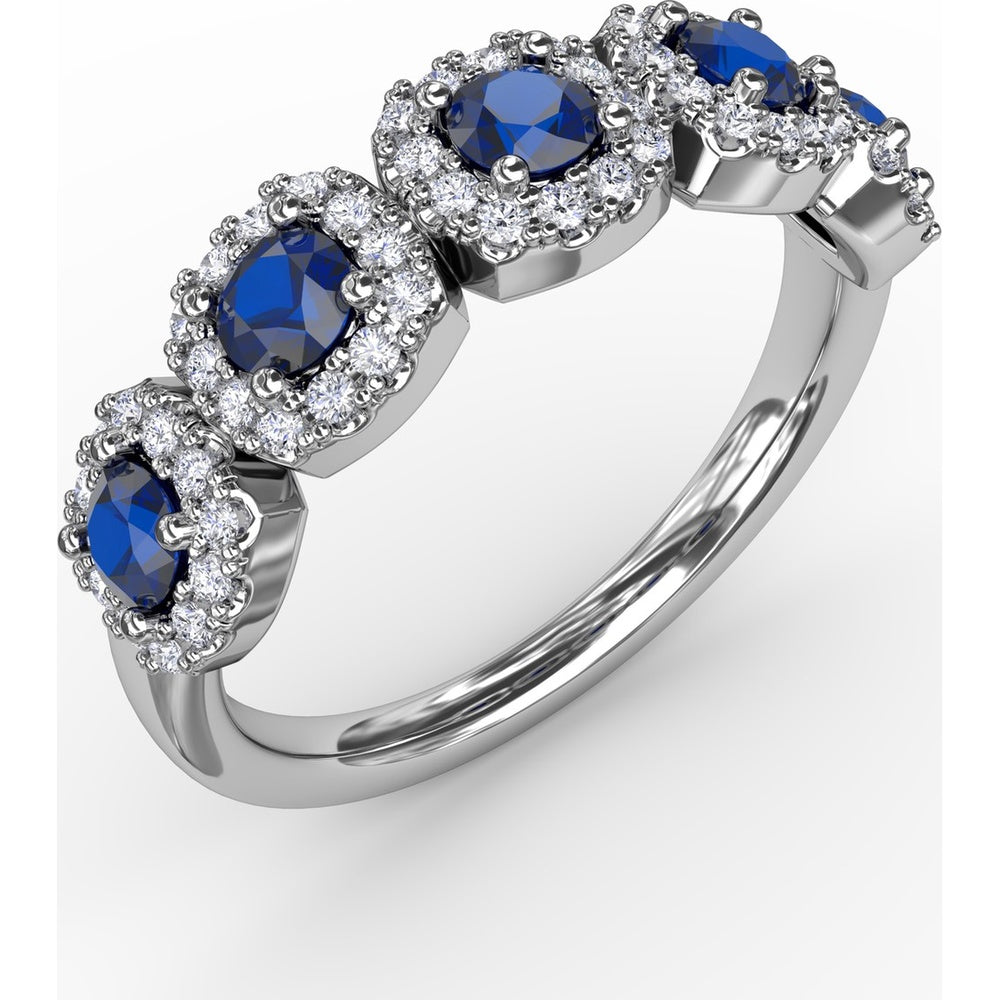 Graduated Five-Stone Ring with Round Sapphires and Diamond Halos by Fana - 1.05 Carat Total Gemstone Weight
