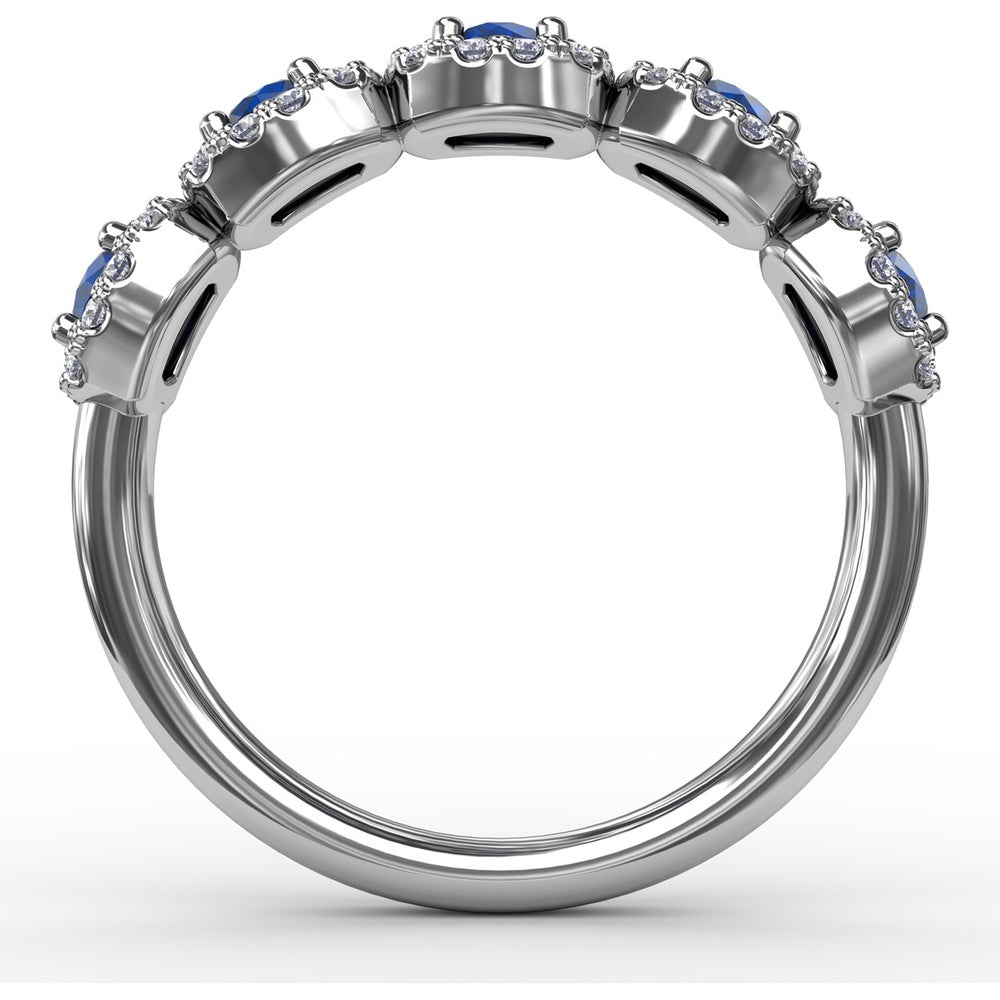 Graduated Five-Stone Ring with Round Sapphires and Diamond Halos by Fana - 1.05 Carat Total Gemstone Weight