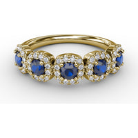 Graduated Five-Stone Ring with Round Sapphires and Diamond Halos by Fana - 1.05 Carat Total Gemstone Weight