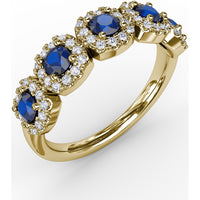Graduated Five-Stone Ring with Round Sapphires and Diamond Halos by Fana - 1.05 Carat Total Gemstone Weight