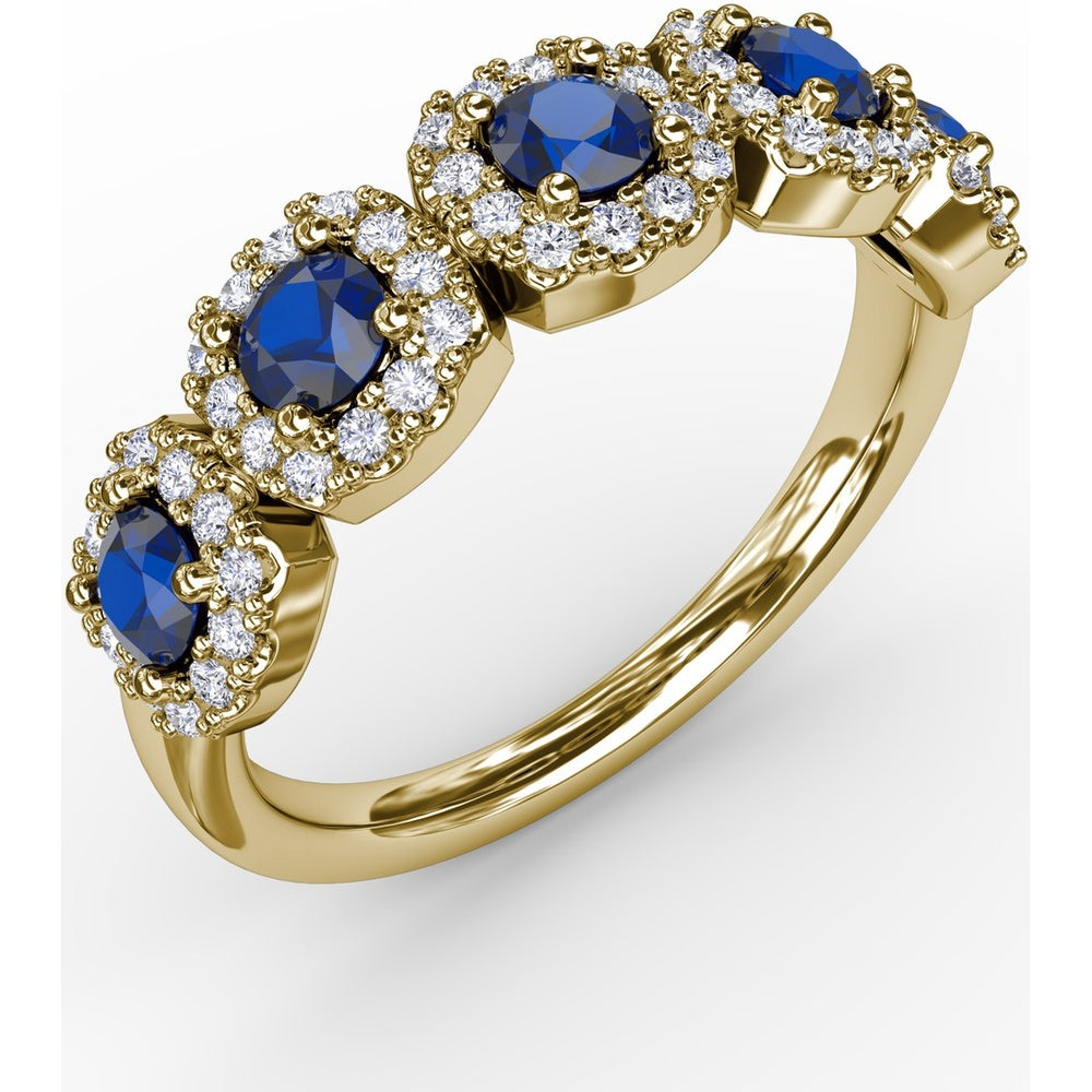 Graduated Five-Stone Ring with Round Sapphires and Diamond Halos by Fana - 1.05 Carat Total Gemstone Weight
