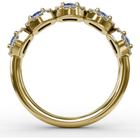 Graduated Five-Stone Ring with Round Sapphires and Diamond Halos by Fana - 1.05 Carat Total Gemstone Weight