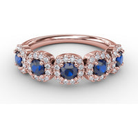 Graduated Five-Stone Ring with Round Sapphires and Diamond Halos by Fana - 1.05 Carat Total Gemstone Weight