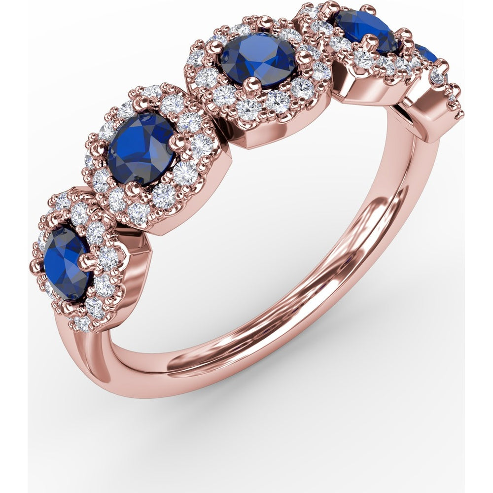 Graduated Five-Stone Ring with Round Sapphires and Diamond Halos by Fana - 1.05 Carat Total Gemstone Weight
