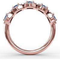 Graduated Five-Stone Ring with Round Sapphires and Diamond Halos by Fana - 1.05 Carat Total Gemstone Weight