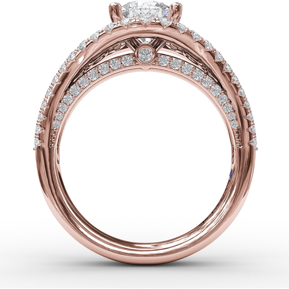 Graduated Three-Strand Diamond Encrusted Engagement Ring Setting with Halo by Fana - 1.30 Carat Total Diamond Weight