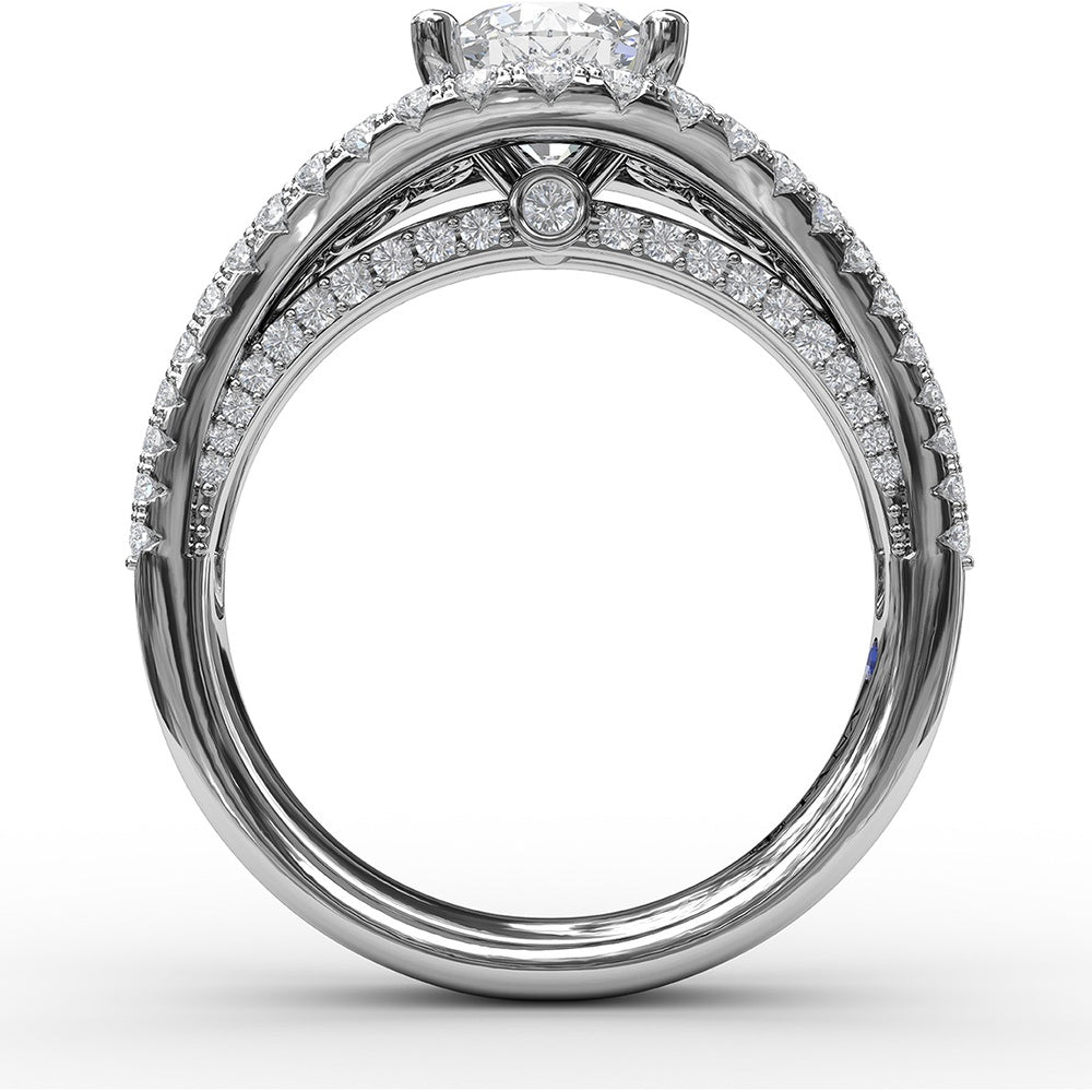 Graduated Three-Strand Diamond Encrusted Engagement Ring Setting with Halo by Fana - 1.30 Carat Total Diamond Weight