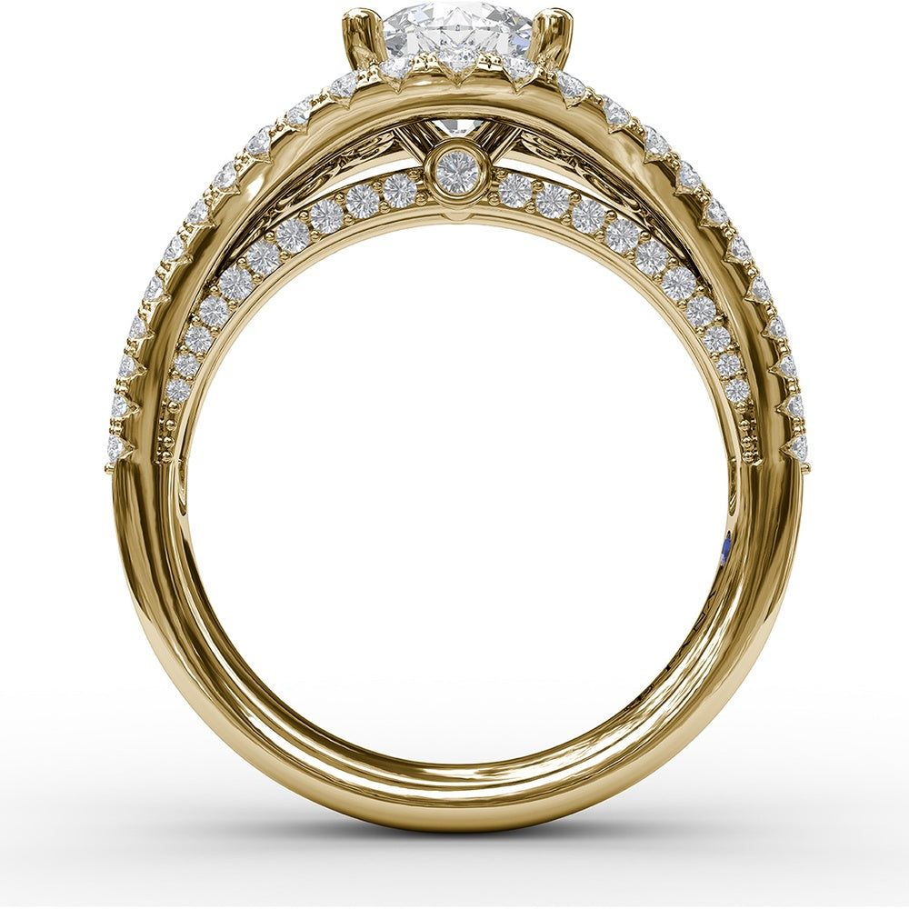 Graduated Three-Strand Diamond Encrusted Engagement Ring Setting with Halo by Fana - 1.30 Carat Total Diamond Weight