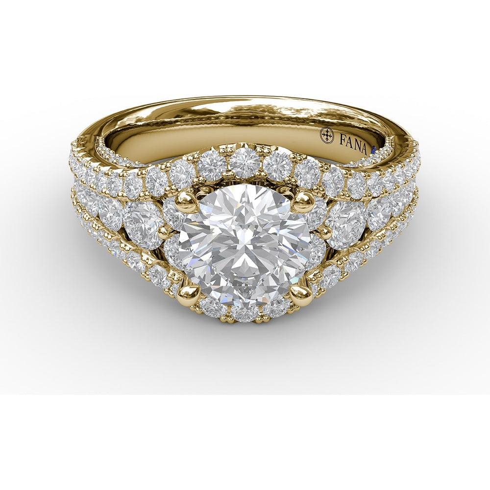 Graduated Three-Strand Diamond Encrusted Engagement Ring Setting with Halo by Fana - 1.30 Carat Total Diamond Weight