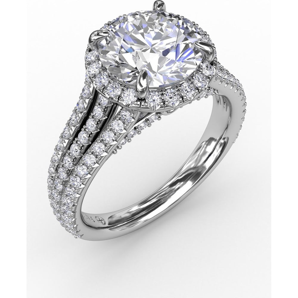 Halo Engagement Ring Setting with Triple-Row Pavé Diamond Band and Shared-Prong Round Halo by Fana - 0.82 Carat Total Diamond Weight